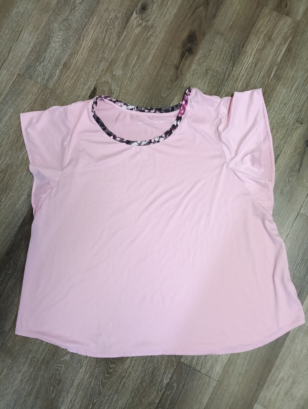 Midnight by Carole Hochman Light Pink Short Sleeve Tee with Floral Neck Trim